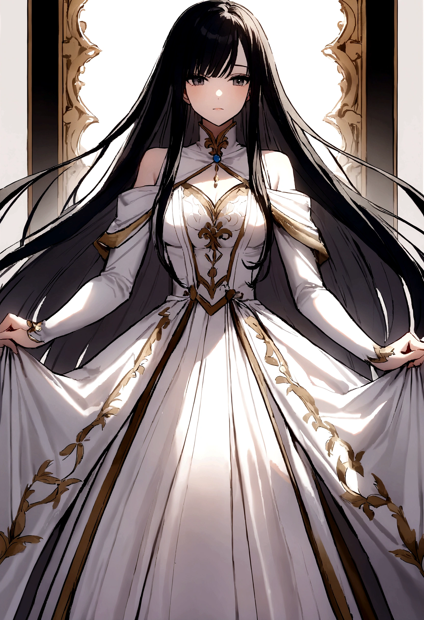 Black long hair，Straight Hair，The quiet older sister，garden，White Dress