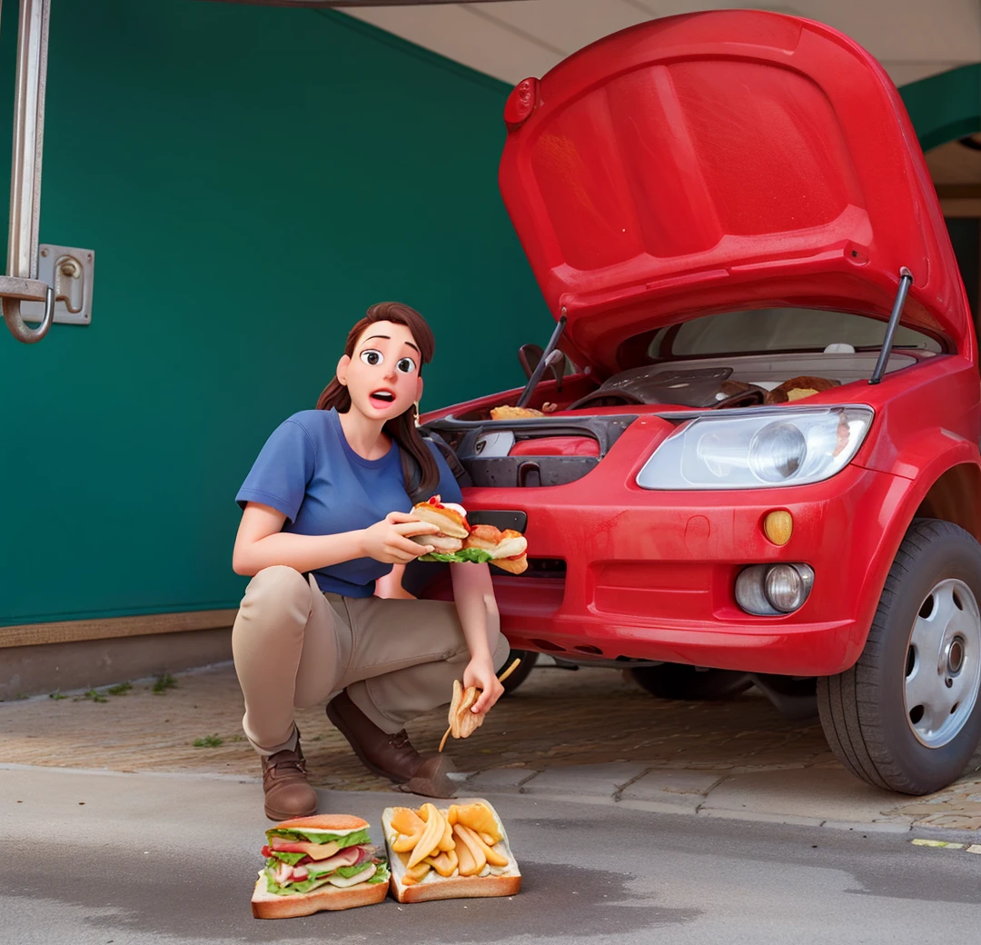 A Woman Eating Sandwich, in great quality and definition in the Disney Pixar style