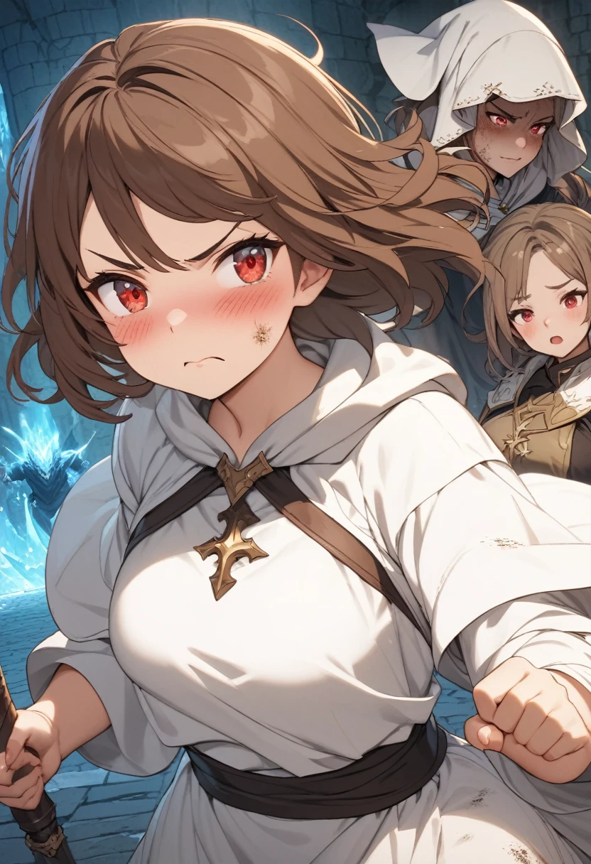Adult female, average height, fantasy, very short brown hair, red eyes, cleric, black on white cleric robes, blushing, angry, fantasy dungeon, running from monsters, highly detailed, high quality, perfect eyes, perfect face, dirty, cuts