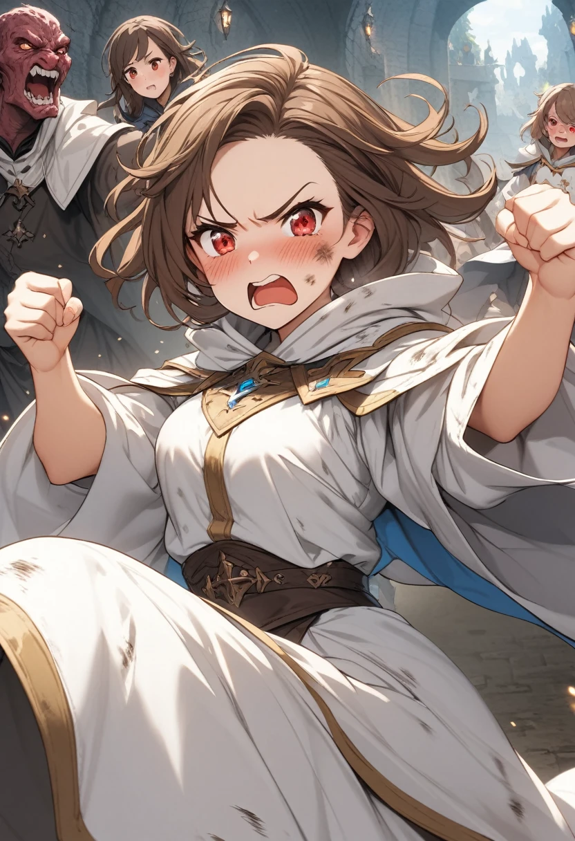Adult female, average height, fantasy, very short brown hair, red eyes, cleric, black on white cleric robes, blushing, angry, fantasy dungeon, running from monsters, highly detailed, high quality, perfect eyes, perfect face, dirty, cuts