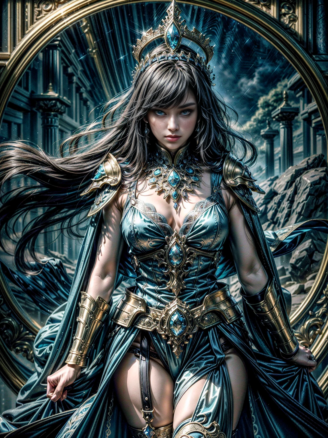 a detailed blue and gold medieval cosplay, highly realistic, in the style of xu beihong's ink paintings, arabesque/scroll patterns, wimmelbilder composition, dramatic cyan lighting, (best quality,8k,hyperdetailed,masterpiece:1.2),ultra-detailed,(realistic,photorealistic,photo-realistic:1.37),intricate costume and accessories, beautiful female figure, stunning facial features, expressive eyes, elegant pose, ornate headdress, flowing robes, detailed armor, delicate jewelry, glowing aura, fantasy landscape background, detailed textures, vibrant colors, dramatic lighting, atmospheric mist