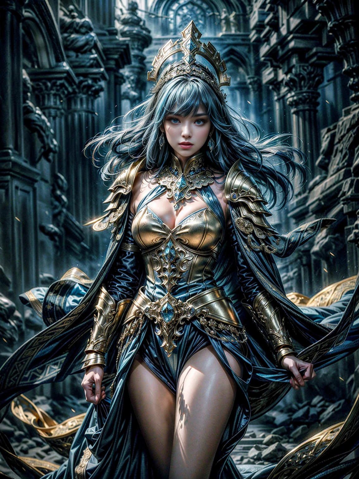 a detailed blue and gold medieval cosplay, highly realistic, in the style of xu beihong's ink paintings, arabesque/scroll patterns, wimmelbilder composition, dramatic cyan lighting, (best quality,8k,hyperdetailed,masterpiece:1.2),ultra-detailed,(realistic,photorealistic,photo-realistic:1.37),intricate costume and accessories, beautiful female figure, stunning facial features, expressive eyes, elegant pose, ornate headdress, flowing robes, detailed armor, delicate jewelry, glowing aura, fantasy landscape background, detailed textures, vibrant colors, dramatic lighting, atmospheric mist