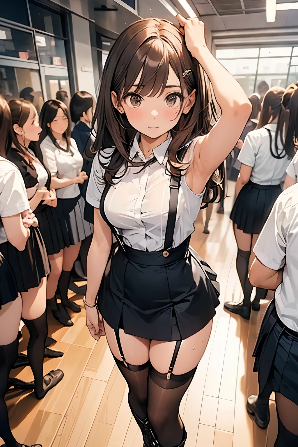 Brown Hair、Looking at the audience　　suspenders　　　bulging big breasts　　 　 　　　　Black mini skirt　garter belt　Knee-high socks　　　　　　sight　　　Small face　bangs 　　　　　beauty　　Show your hand　　 　sight 　Black boots 　Taunt　　Armpit sweat　One person 　　Put your hands behind your back　Dress shirt　　Panty shot