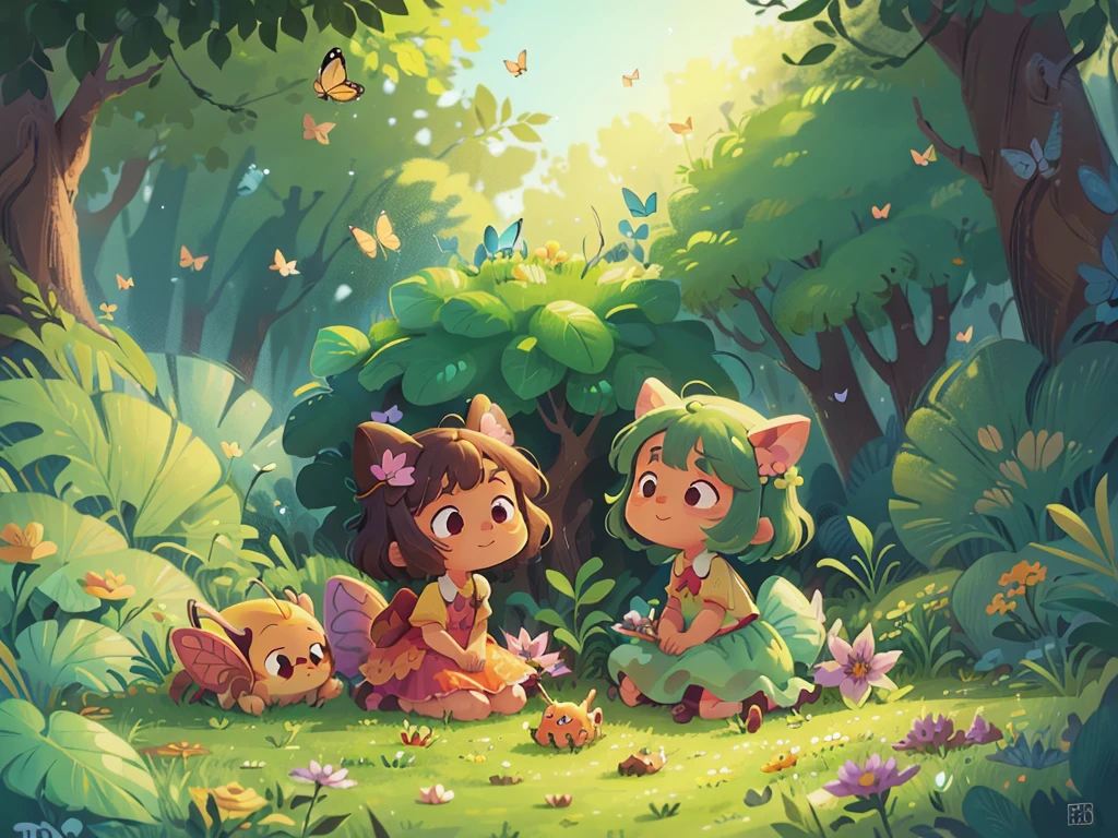 3 cute cartoon butterflies,Surrounded by beautiful little flowers and nature,This illustration is a 4K high-definition illustration,The facial features are rich in detail,Cartoon Style,Cartoon Animals 1.5,Butterflies flying in the forest