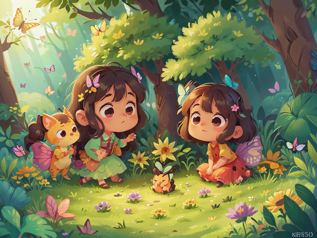 3 cute cartoon butterflies,Surrounded by beautiful little flowers and nature,This illustration is a 4K high-definition illustration,The facial features are rich in detail,Cartoon Style,Cartoon Animals 1.5,Butterflies flying in the forest