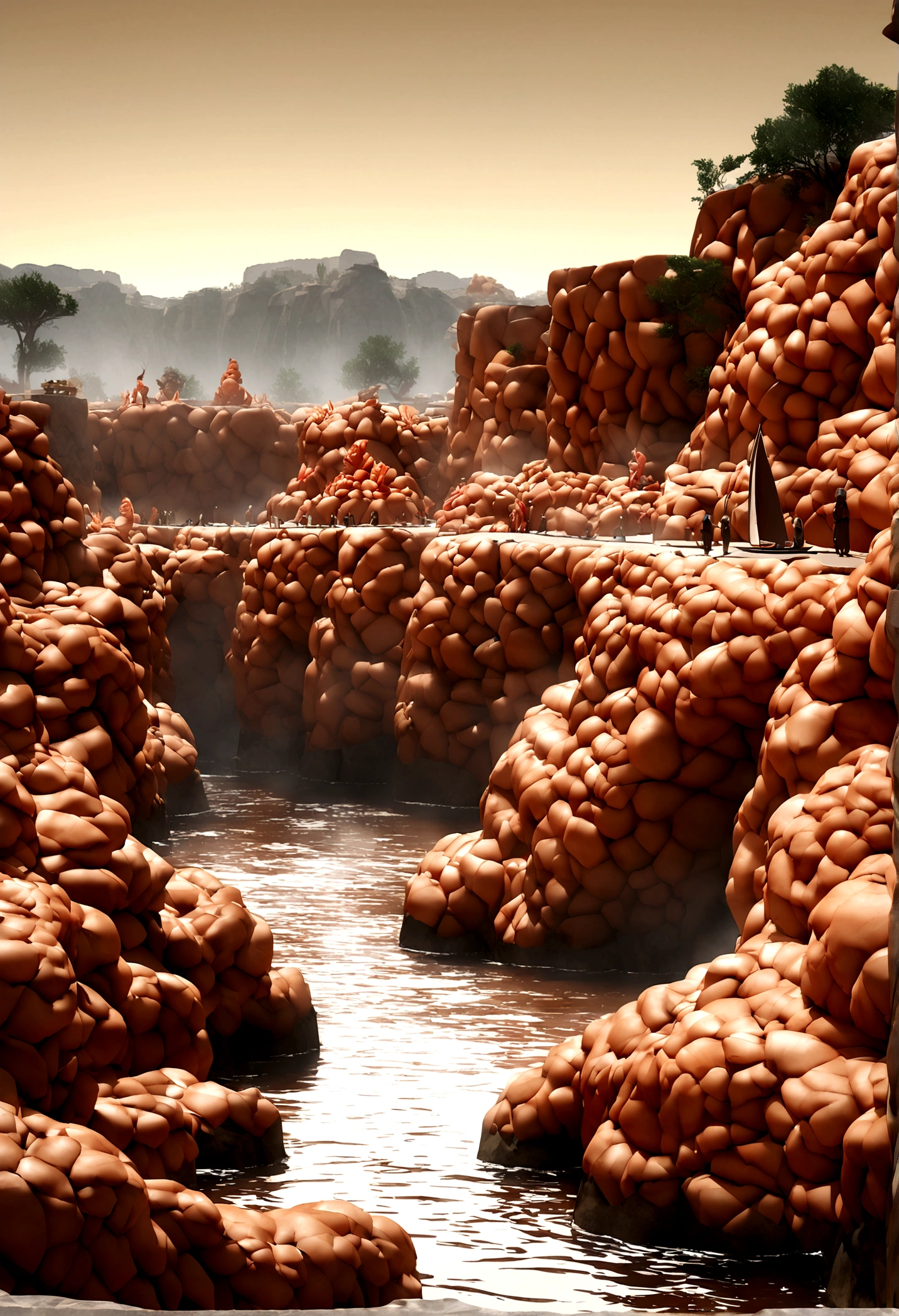 "Create a 3D style image featuring a central white river surrounded by cliffs that give the appearance of being bathed in orange-red shrimp soup. Along the cliffs, place various stone statues, including muscular fossils, leek-shaped fossil sculptures, and shrimp fossils. The overall structure should evoke a sense of a cliffside, yet be appetizing. Additionally, have a spoon and chopsticks form a sailboat sliding along the river."
