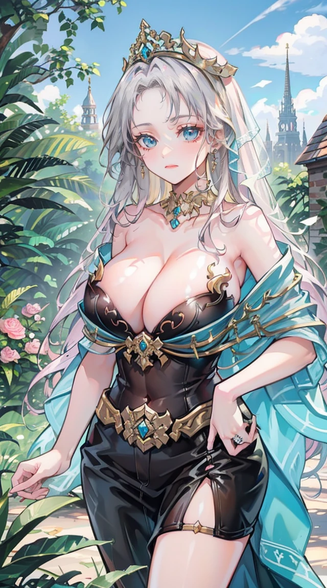 beautiful woman,Folk Girl,blonde with blue eyes,Twist,Wear a strapless wedding dress with no straps.,countryside,countryside,beautiful scenery,European Middle Ages,smile with teeth,forehead,forehead exposed,big tits,rift, (2 young women ,beautiful woman),visible chest, Show your breasts, open chest, I see bulging nipples,,(((large areolae:1.4,pink,The nipples are clearly visible...)))