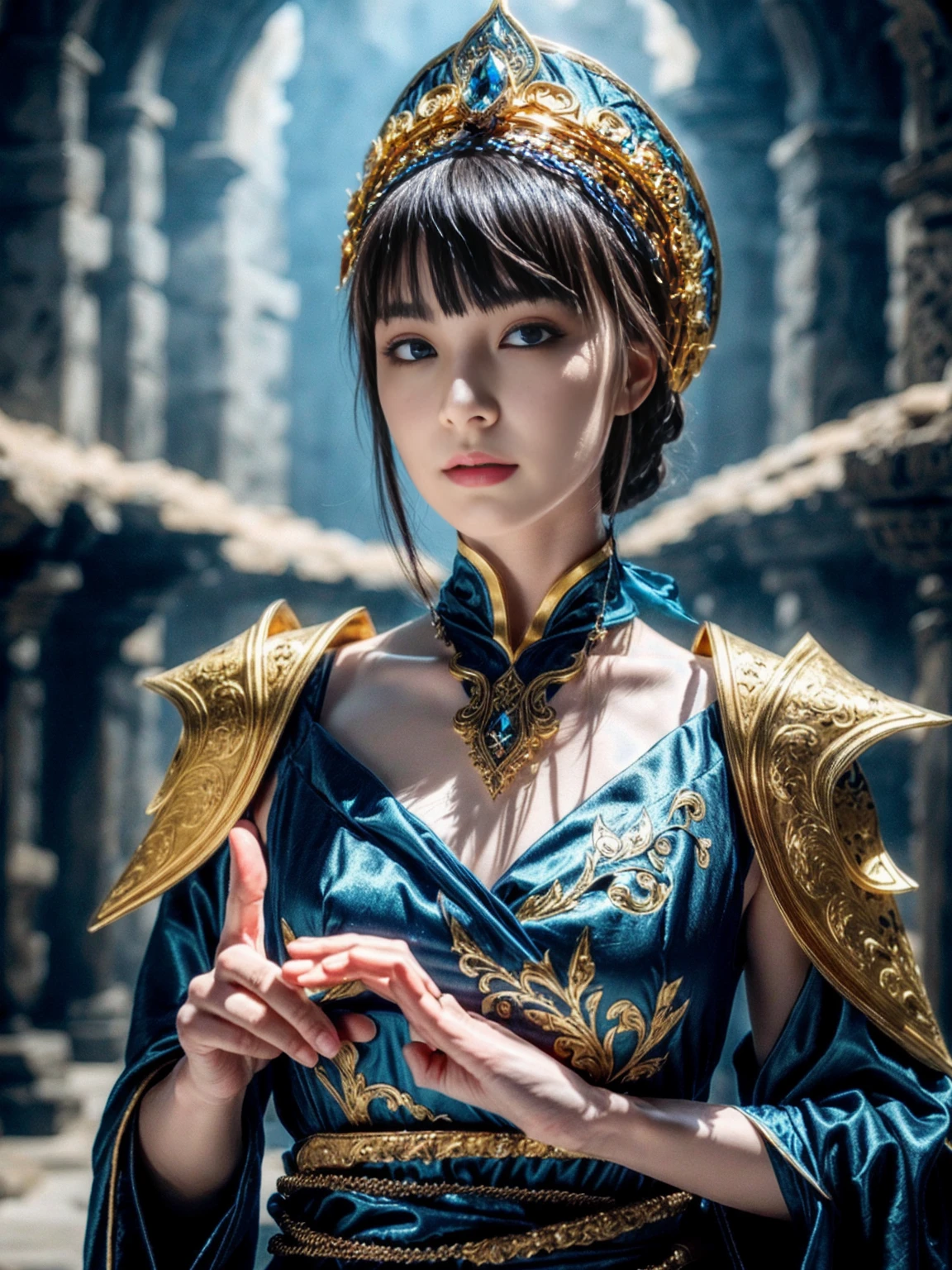 a detailed blue and gold medieval cosplay, highly realistic, in the style of xu beihong's ink paintings, arabesque/scroll patterns, wimmelbilder composition, dramatic cyan lighting, (best quality,8k,hyperdetailed,masterpiece:1.2),ultra-detailed,(realistic,photorealistic,photo-realistic:1.37),intricate costume and accessories, beautiful female figure, stunning facial features, expressive eyes, elegant pose, ornate headdress, flowing , detailed armor, delicate jewelry, glowing aura, fantasy landscape background, detailed textures, vibrant colors, dramatic lighting, atmospheric mist
