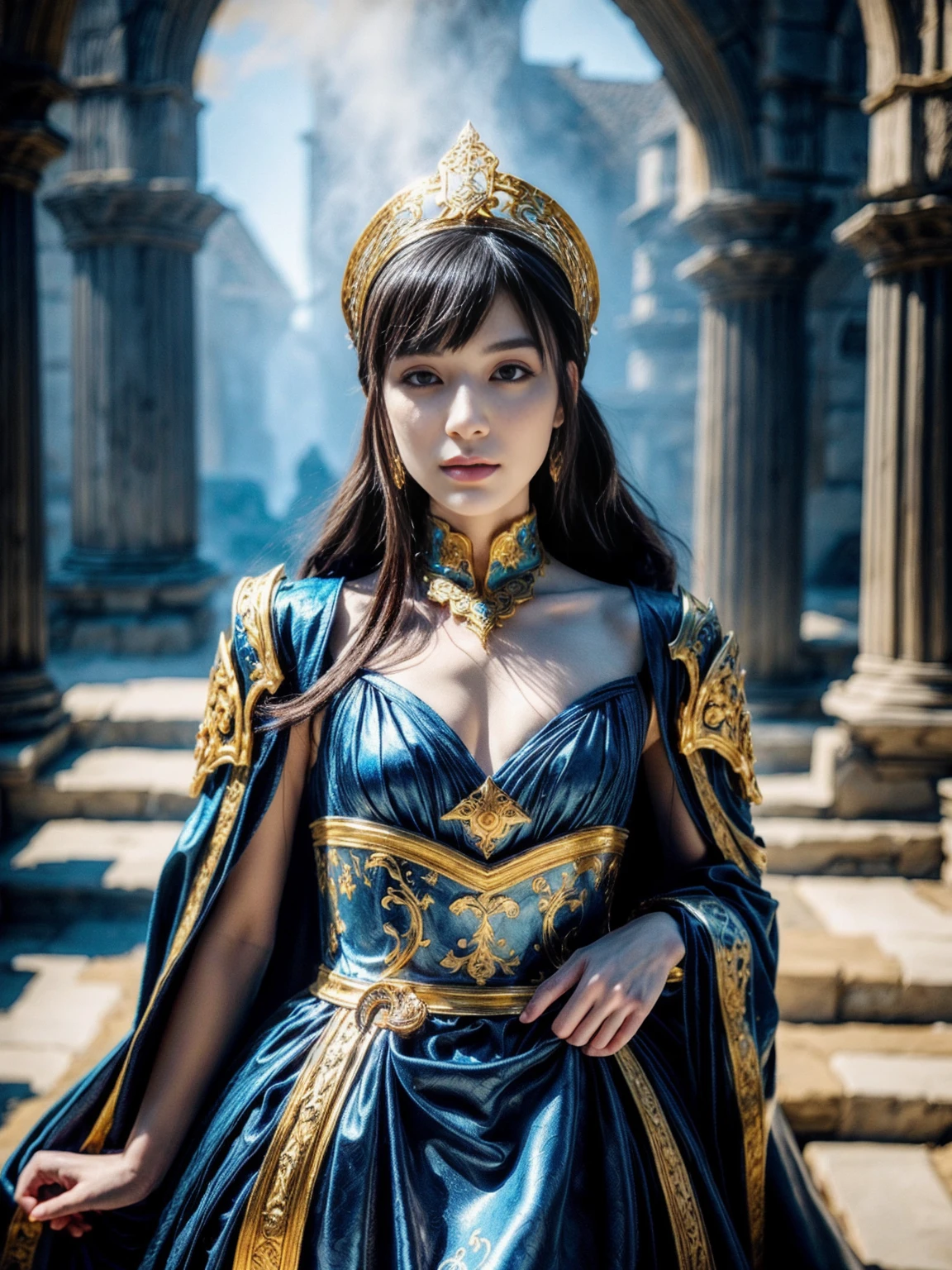 a detailed blue and gold medieval cosplay, highly realistic, in the style of xu beihong's ink paintings, arabesque/scroll patterns, wimmelbilder composition, dramatic cyan lighting, (best quality,8k,hyperdetailed,masterpiece:1.2),ultra-detailed,(realistic,photorealistic,photo-realistic:1.37),intricate costume and accessories, beautiful female figure, stunning facial features, expressive eyes, elegant pose, ornate headdress, flowing robes, detailed armor, delicate jewelry, glowing aura, fantasy landscape background, detailed textures, vibrant colors, dramatic lighting, atmospheric mist