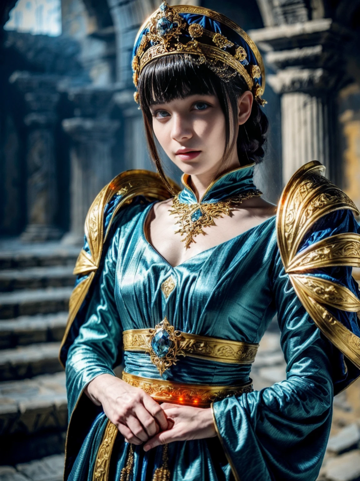 a detailed blue and gold medieval cosplay, highly realistic, in the style of xu beihong's ink paintings, arabesque/scroll patterns, wimmelbilder composition, dramatic cyan lighting, (best quality,8k,hyperdetailed,masterpiece:1.2),ultra-detailed,(realistic,photorealistic,photo-realistic:1.37),intricate costume and accessories, beautiful female figure, stunning facial features, expressive eyes, elegant pose, ornate headdress, flowing robes, detailed armor, delicate jewelry, glowing aura, fantasy landscape background, detailed textures, vibrant colors, dramatic lighting, atmospheric mist