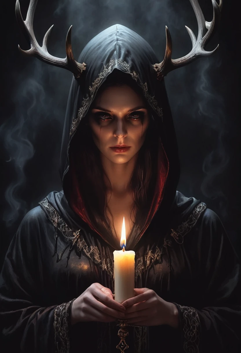 (a person wearing a black hooded robe and a satanism deer skull,holding a candle, look down，Away from viewers),(best quality,high resolution,gloomy,fear,satanism,Dark color scheme),Dim background,gloomy atmosphere,Flickering candlelight,creepy ambiance,Detailed robe texture,Dark and mysterious,The haunting shadow,Ghostly Breath,The eyes are sinister,The faint light of a candle flame, Camera angle, Photo-realistic, high resolution,