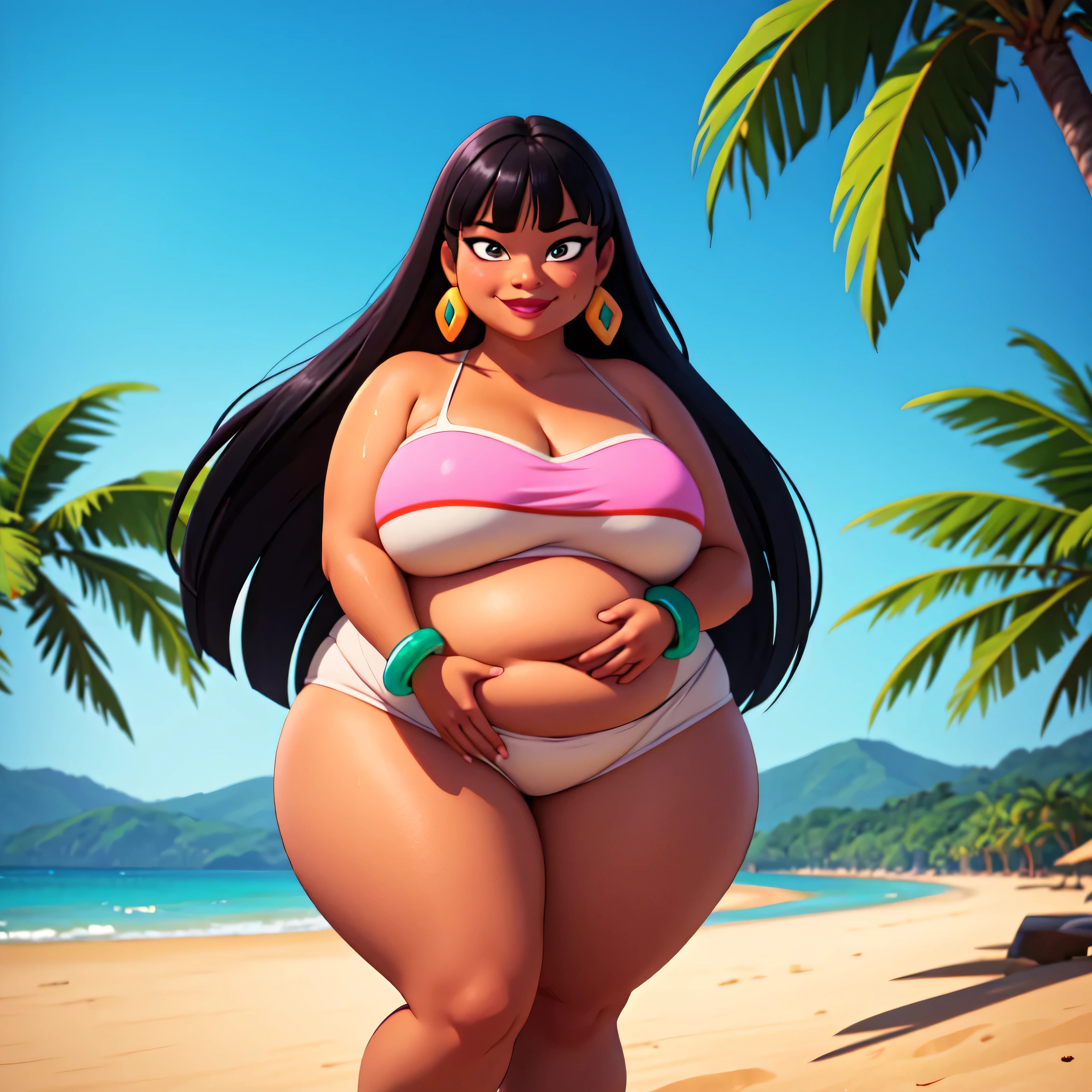 (work of art:1.2, best qualityer:1.2), SSBBW, Giant breasts, thunder thighs, soft ambient lighting, perfect lighting, 1 girl, standing alone, Chel, Bblack hair, long hair, rhombus stripe, eyes browns, darkskin, lipstick, breasts big, Broad Hips, top of the tube, neckleace, bared shoulders, emerald earrings, emerald bracelets, looking at the camera with a smug expression on his face, beach background, very large body, fat belly rolls, big breasts, sexy smile, fat arms, thunder thighs, super fat, looking at viewer, wet clothes, sweating very hard, sexy looking, blob