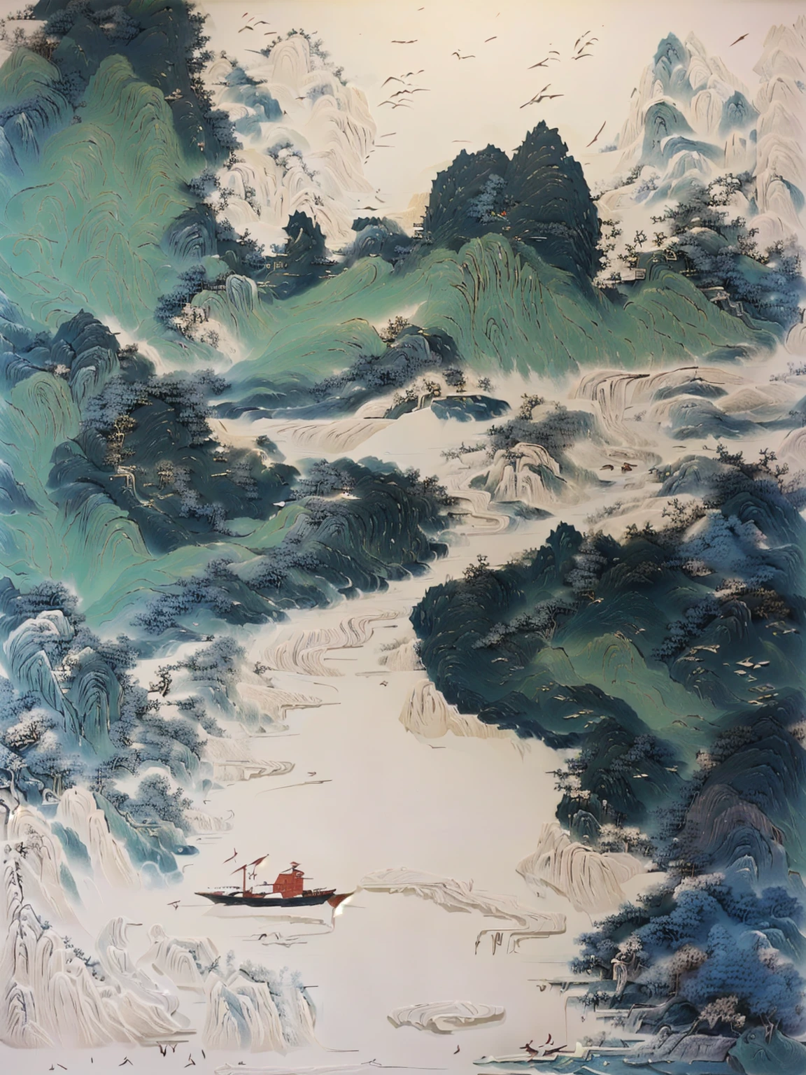 There is a painting，Painting of a man in a boat on the river, inspired Wu Guanzhong, Inspired by Jujube, zhang daqian, qi sheng luo, author：Xu Xi, Wu Guanzhong, by Dong Qichang, by Sheng Maoye, inspired by Fu Baoshi, by Li Rongjin