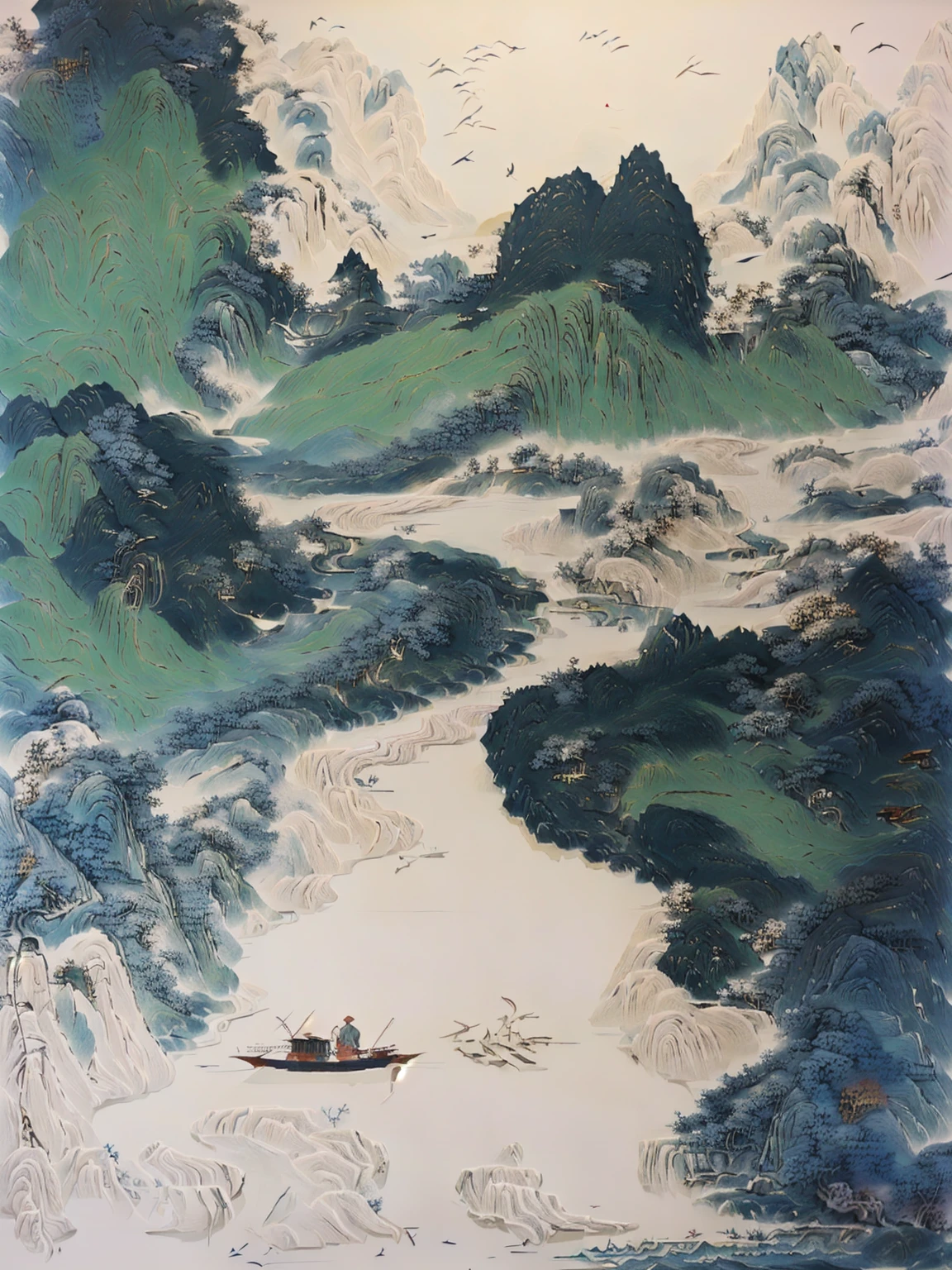 There is a painting，Painting of a man in a boat on the river, inspired Wu Guanzhong, Inspired by Jujube, zhang daqian, qi sheng luo, author：Xu Xi, Wu Guanzhong, by Dong Qichang, by Sheng Maoye, inspired by Fu Baoshi, by Li Rongjin