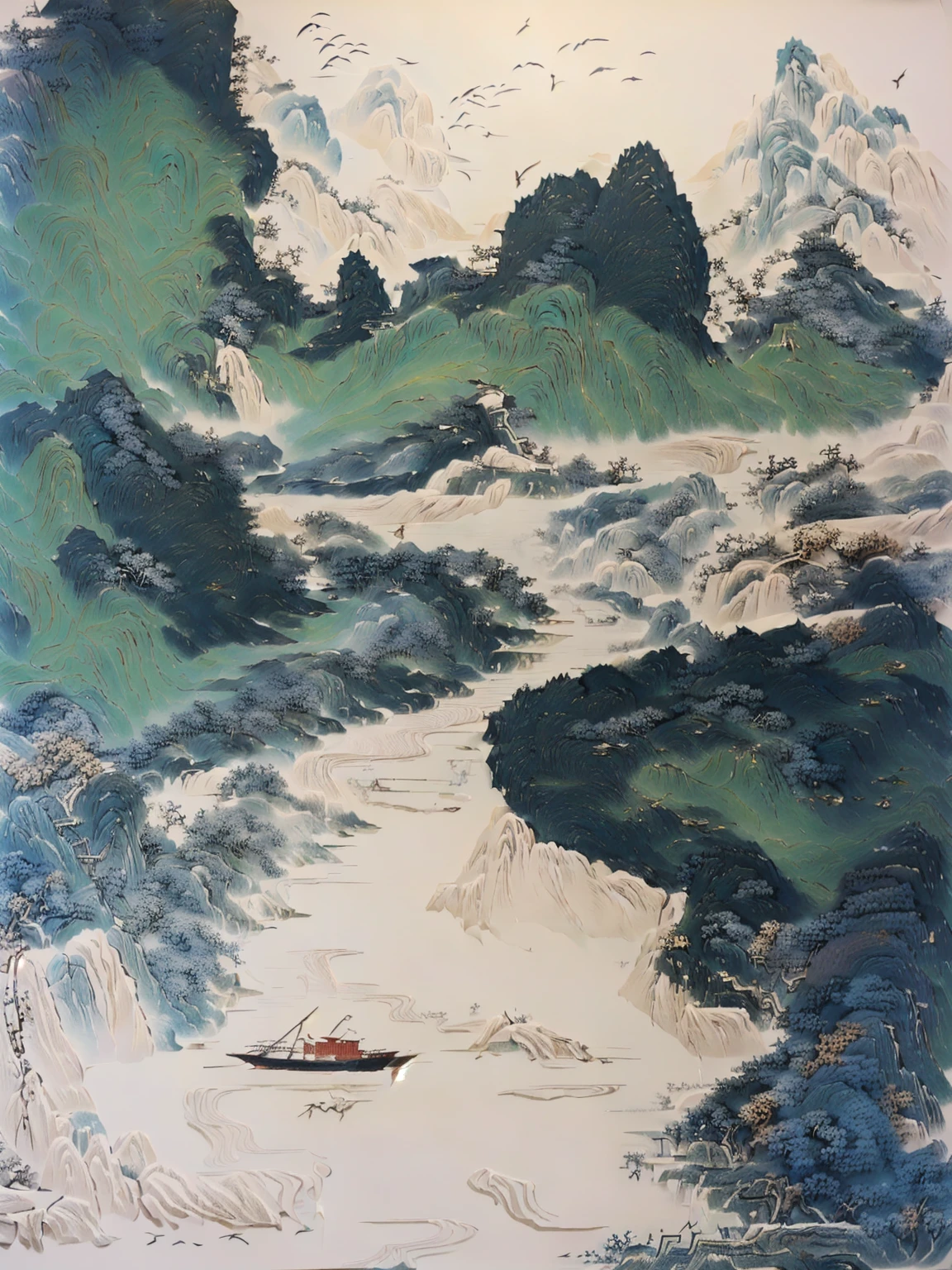 There is a painting，Painting of a man in a boat on the river, inspired Wu Guanzhong, Inspired by Jujube, zhang daqian, qi sheng luo, author：Xu Xi, Wu Guanzhong, by Dong Qichang, by Sheng Maoye, inspired by Fu Baoshi, by Li Rongjin