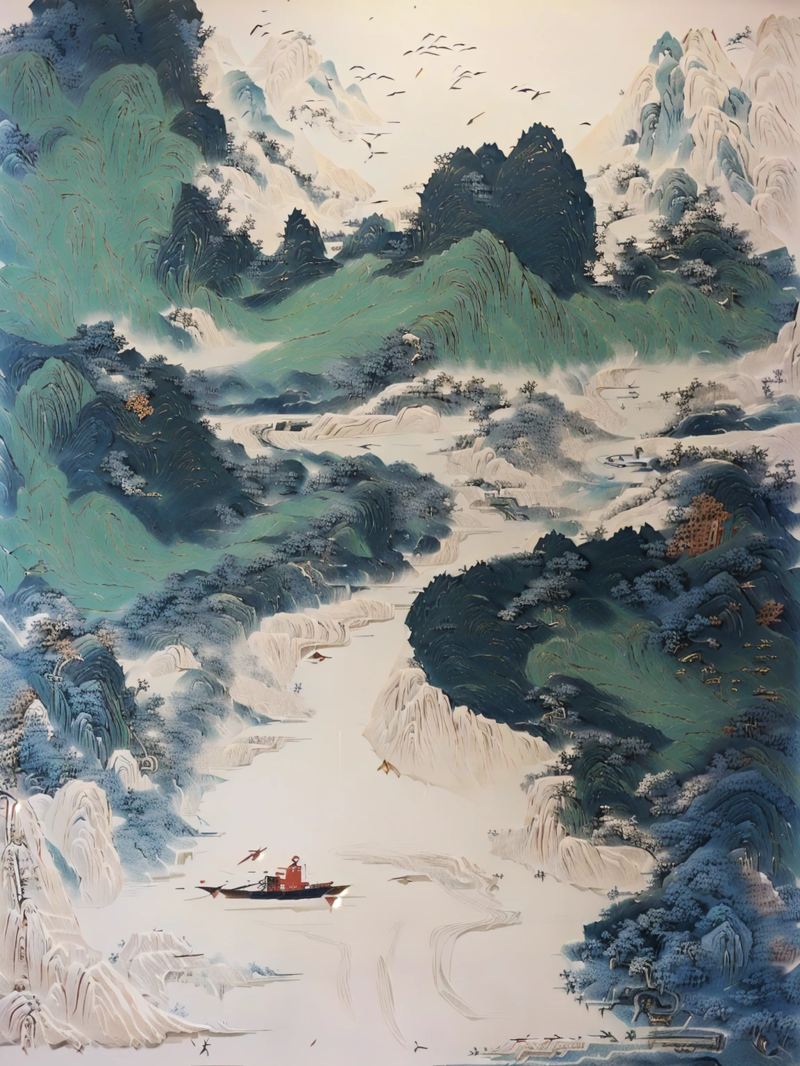 There is a painting，Painting of a man in a boat on the river, inspired Wu Guanzhong, Inspired by Jujube, zhang daqian, qi sheng luo, author：Xu Xi, Wu Guanzhong, by Dong Qichang, by Sheng Maoye, inspired by Fu Baoshi, by Li Rongjin