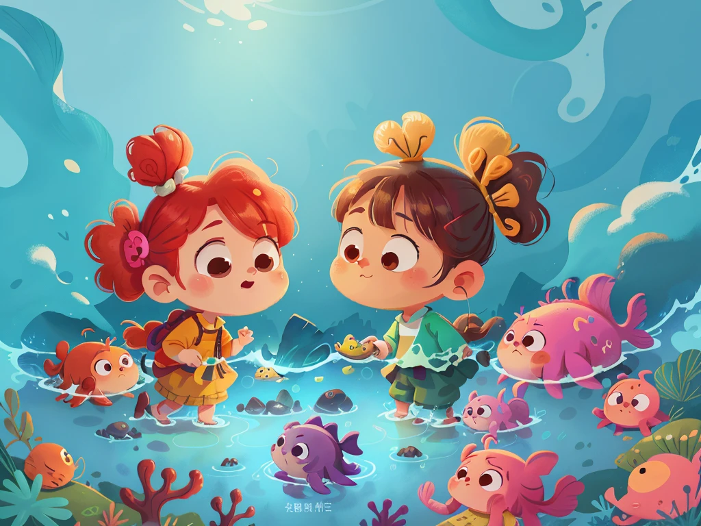 This illustration is a 4K high-definition illustration,The facial features are rich in detail,Cartoon Style,Cartoon Animals 5.1,cute,Ocean Elements,Sea,Seahorse,海里的Sea马,Sea,Small schools of fish