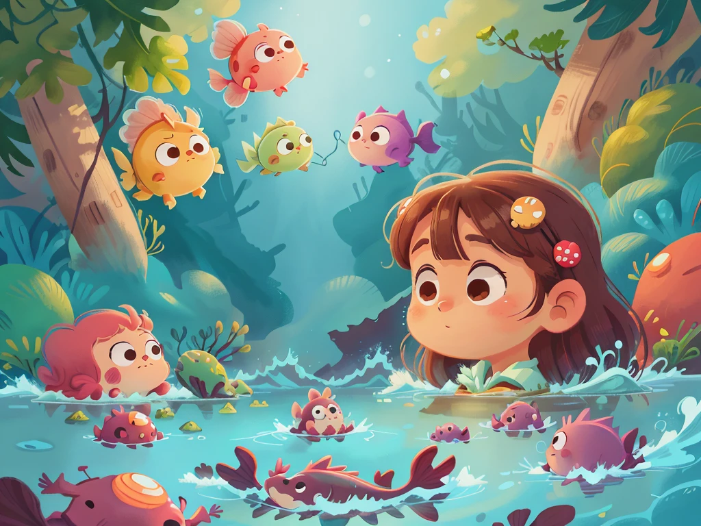 This illustration is a 4K high-definition illustration,The facial features are rich in detail,Cartoon Style,Cartoon Animals 5.1,cute,Ocean Elements,Sea,Seahorse,海里的Sea马,Sea,Small schools of fish