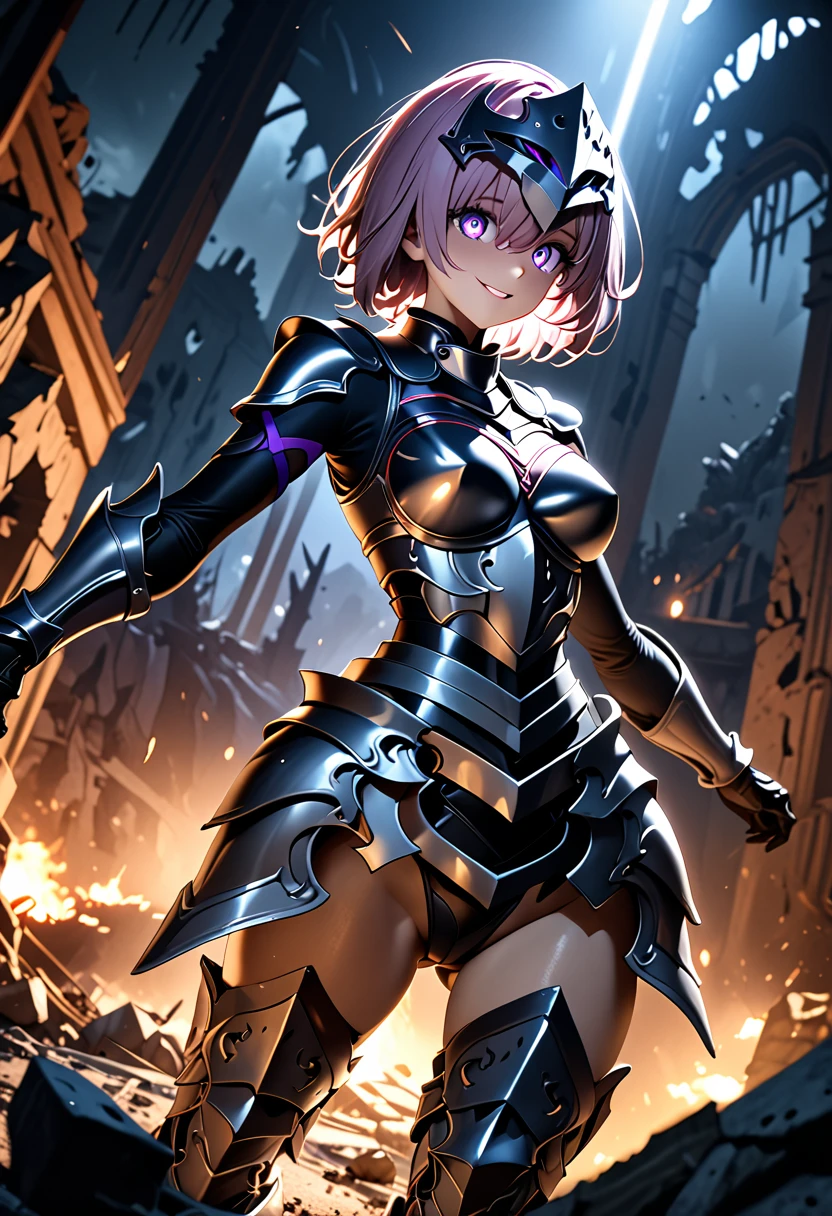 (masterpiece, top quality, best quality, beautiful and aesthetic:1.2), full body, SFW, extremely detailed, detailed eyes, detailed hands, cinematic light, depth of field, 1girl, seducing smile, solo, official, (full armored knight:1.4), dark armor, full-faced helmet that hides the face, mash kyrielight, slim body, cinematic lighting, dramatic lighting, dramatic atmosphere, hyper-realistic, high resolution, stunning contrast, high quality, best quality, 8k, 4k, intricately detailed, (amazing details:1.2), highly detailed skin, powerful presence, vibrant colors, (detailed eyes:1.2), striking eyes, (detailed background), (warzone on background, night, ruins), (dynamic angle:1.2), (dynamic pose:1.2)