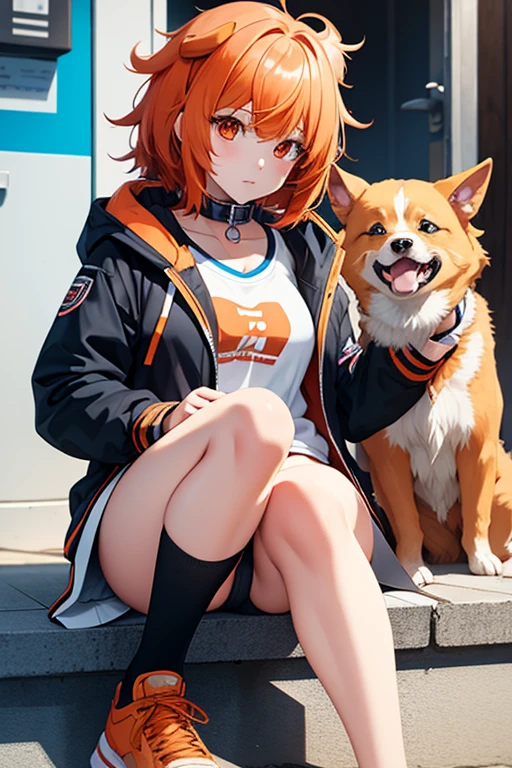 white and blue jacket,half-off jacket,Black underwear anime girl,Light orange hair,Hair that has reached to the feet,Messy Hair,Anime girl wearing a collar and red lead,anime dog girl,Women's furry mini cute style,