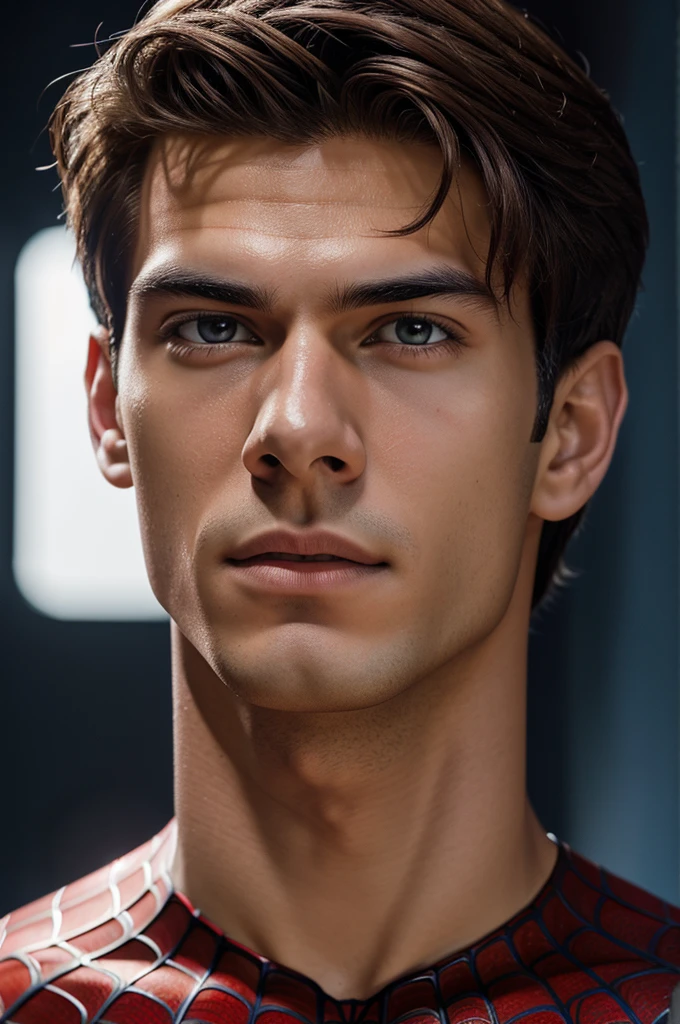 A photograph of spider man, no mask, 20 yo, handsome, detailed face, looking at camera, portrait, 8k uhd, high quality
