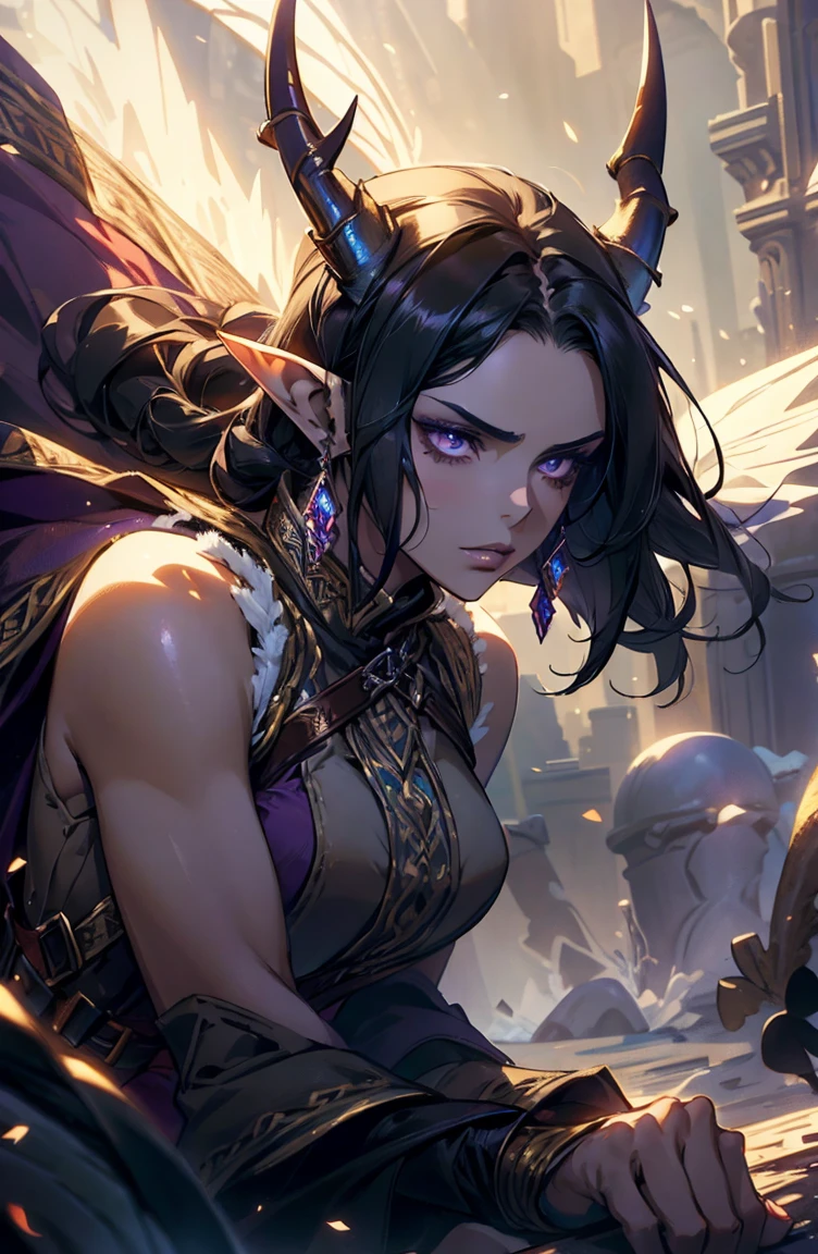 older woman, sexy, tall, brown skin, one wing, black hair, elf, elf ears, horns, sleeveless, purple, dramatic compositions, Cinematic lighting, Ray tracing, dramatic shadows