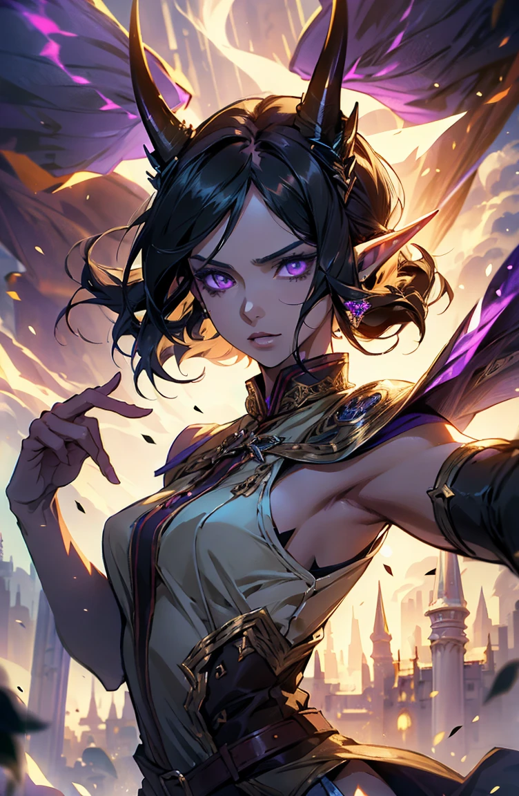 older woman, sexy, tall, brown skin, one wing, black hair, elf, elf ears, horns, sleeveless, purple, dramatic compositions, Cinematic lighting, Ray tracing, dramatic shadows