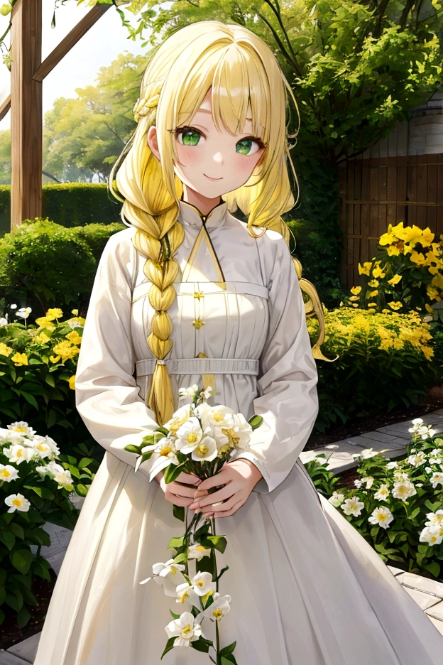 Yellow Hair、Wavy Hair、Braid、One Girl,20-year-old,Beautiful Face,whole body、Sharp focus,White Dress、A kind smile、Green Eyes、White clothes、Flower Hair Ornaments、garden