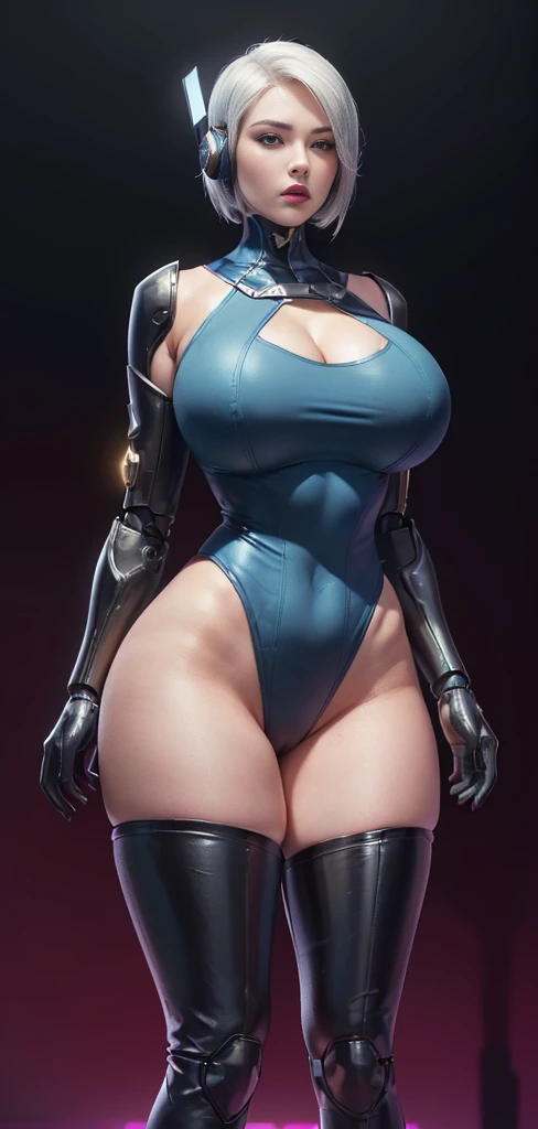 (1GIRL, alone, 独奏), (super detailed face), (Black Long Hair:1.2), (BIG BUTTOCKS, 11 LINE ABS, CLEAVAGE, HUGE FAKE BREASTS:1.5), (MECHA GUARD ARM:1.3), (A girl wearing sexy clothing,scantily clad,Whit cyberpunk sexy maillot,tight clothing,maillot,tight,fitting closely,High slit tight fitting clothing,Glowing eyes,Gloves,(A huge chest:1.4),Large area of skin,The only person,lackluster in one's eyes,A cold expression,White woman,mechanical artificial limb,Mechanical neck,mechanical high heel stiletto boots, Slim waist, Wide hips,High target,Full body portrait,完美的woman身体,woman形象,High-tech laboratory,woman,a voluptuous figure,Mechanical joints,Cyberpunk,Half of the chest is not covered,Thigh gap, Ceramic material,Hollow waist,Facing the audience,very short shaved hair,White hair,crew cut,tomboy, giant breasts, giant ass, very curvy, shiny silver hair, bright blue coloured eyes, cyborg, robotic arms,mechanical parts,Bare thighs,Sexy clothing,Mechanical headphones,Expose buttocks,Bare waist,Large area skin exposure, MECHA GUARD ARMOR LEGS, HIGH HEELS:1.5), (THICC MUSCULAR FEMALE BODY, SEXY LONG LEGS:1.1), (LOOKING AT VIEWER:1.3), (female focus:0.886),(BRIGHT LIGHTING:1.5), ULTRA HIGHT DEFINITION,Whit,highleg leotard,cyborg,cyberpunk