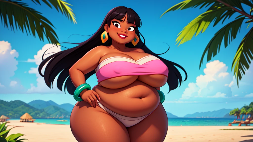 (work of art:1.2, best qualityer:1.2), SSBBW, Giant breasts, thunder thighs, soft ambient lighting, perfect lighting, 1 girl, standing alone, Chel, Bblack hair, long hair, rhombus stripe, eyes browns, darkskin, lipstick, breasts big, Broad Hips, top of the tube, neckleace, bared shoulders, emerald earrings, emerald bracelets, looking at the camera with a smug expression on his face, beach background, very large body, fat belly rolls, big breasts, sexy smile, fat arms, thunder thighs, super fat, looking at viewer, wet clothes, sweating very hard, sexy looking, blob