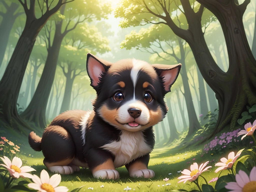 A very cute big-eared dog,Surrounded by beautiful little flowers and nature,This illustration is a 4K high-definition illustration,The facial features are rich in detail,Cartoon Style,Cartoon Animals 1.5,Puppies playing in the forest,The details are clear,Don't mess up the lines