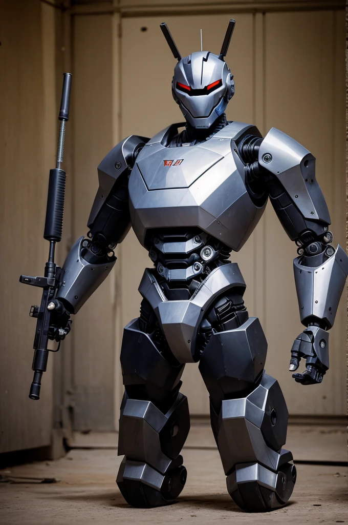 Generate a robo wedges 5.4 feet tall and having lot of weapons on his arm make it more dangerous make it more dangerous make a machine gun oh his sholder make fully less with weponsincrrase it hight to 7 feet