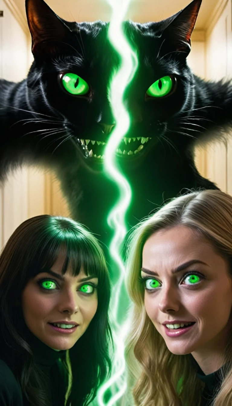 The final confrontation: two identical women facing each other in a room that's half normal, half shadowy void. One looks terrified (Sarah) while the other smiles malevolently with glowing green eyes (the doppelganger). Between them, the fading form of a black cat seems to be transforming into shadow