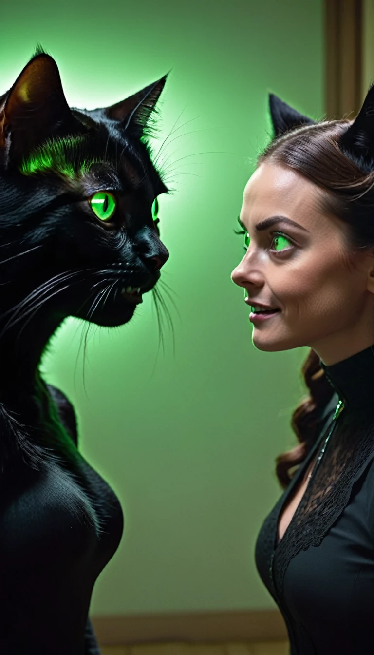 The final confrontation: two identical women facing each other in a room that's half normal, half shadowy void. One looks terrified (Sarah) while the other smiles malevolently with glowing green eyes (the doppelganger). Between them, the fading form of a black cat seems to be transforming into shadow