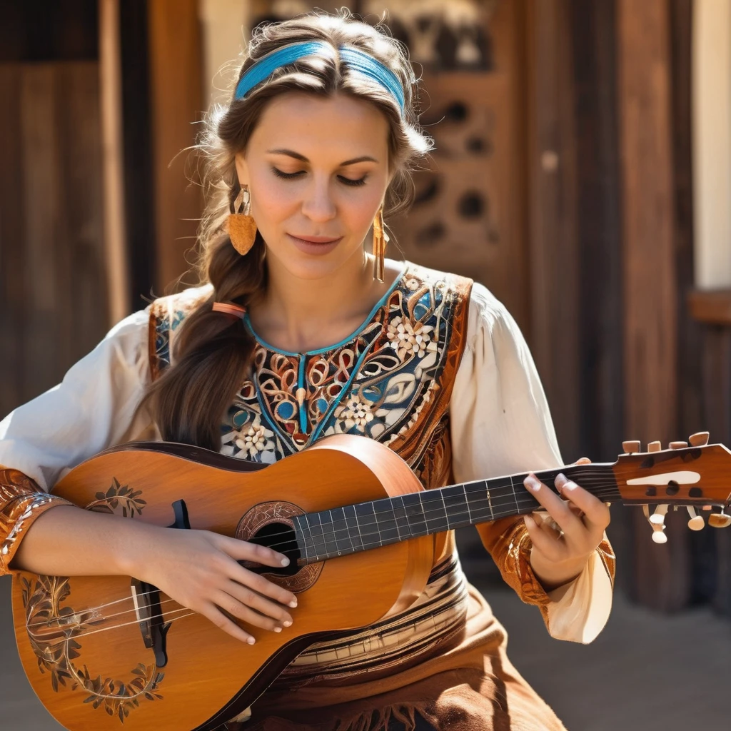 A beautiful Western woman plays an instrument made of wood inlay,