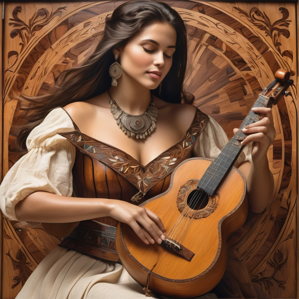 A beautiful Western woman plays an instrument made of wood inlay,