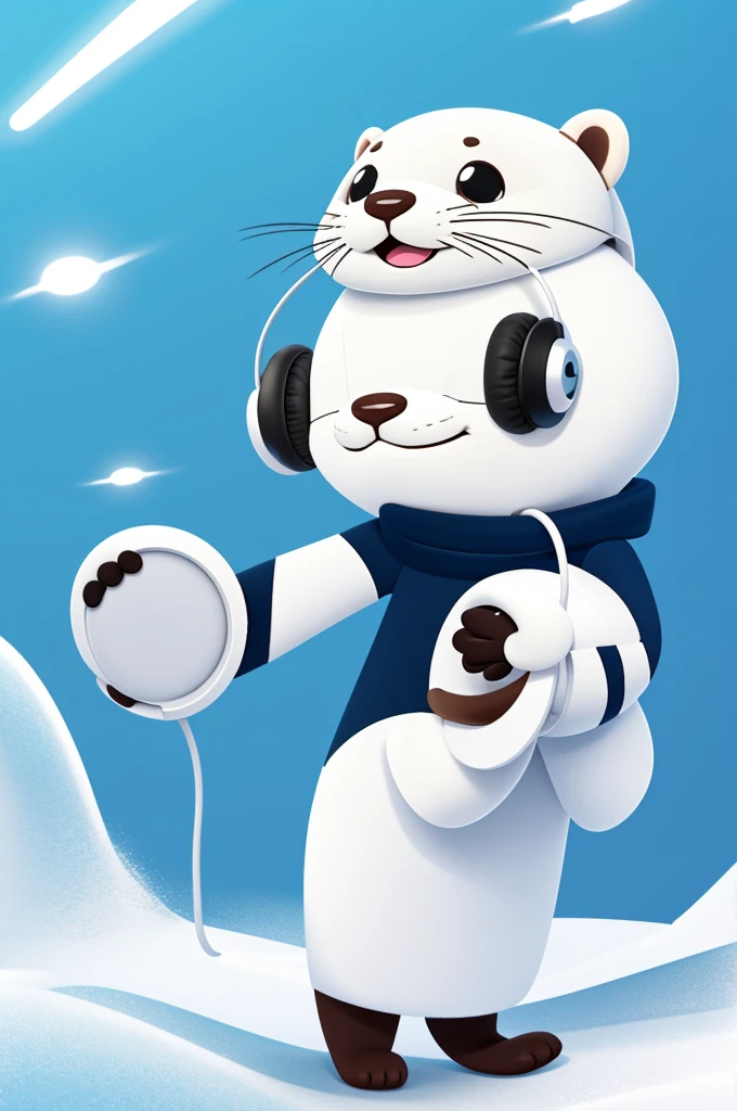 Cartoon cute otter with white coat and headphones animated
