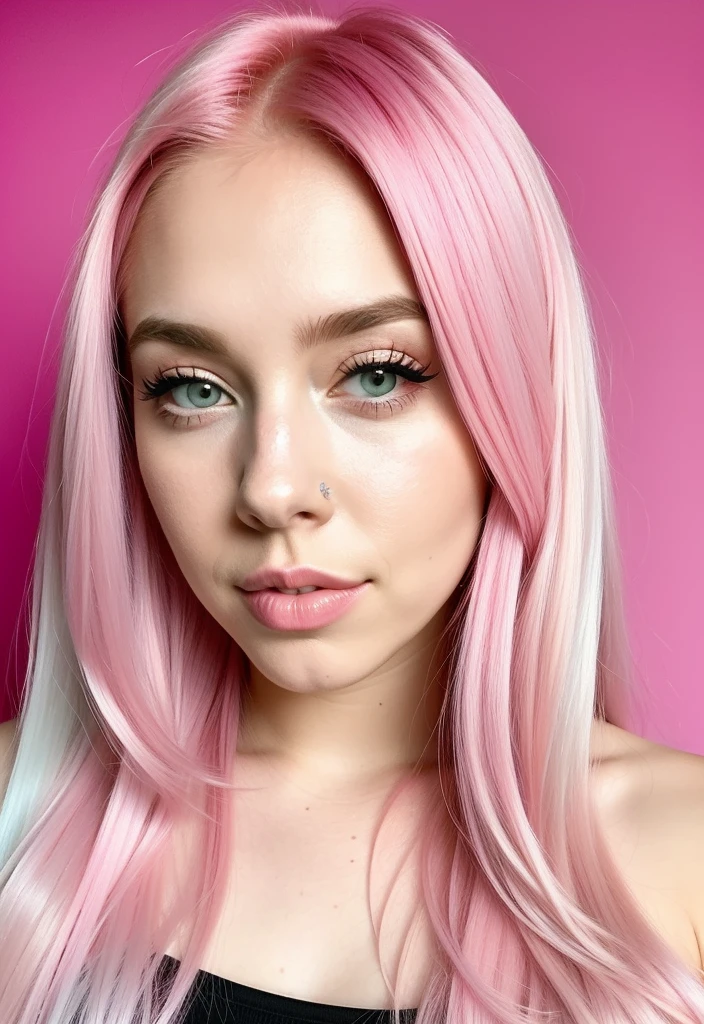 um close up de uma mulher com pink hair e um top preto, pink hair, pink straight hair, pink hair claro, com pink hair, pink hair longo, long bubblegum hair, bubblegum hair, pastel pink skin tone, long flowing pink hair, pink hair claro longo, pink hair wispy, pink hair claro com chamas cor-de-rosa, long hair with pastel colors, ava max