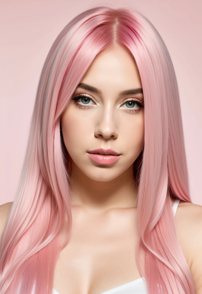 um close up de uma mulher com pink hair e um top preto, pink hair, pink straight hair, pink hair claro, com pink hair, pink hair longo, long bubblegum hair, bubblegum hair, pastel pink skin tone, long flowing pink hair, pink hair claro longo, pink hair wispy, pink hair claro com chamas cor-de-rosa, long hair with pastel colors, ava max