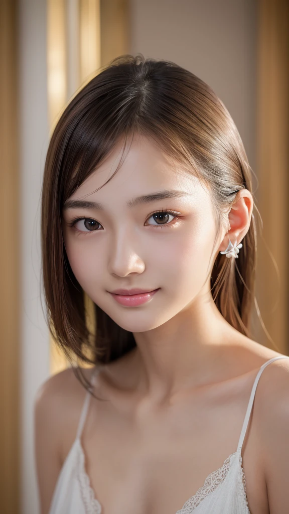 (8k, RAW photo, best quality, masterpiece:1.2), ultra detailed, (realistic, photo realistic:1.37), portrait, high detail RAW color photo, an extremely delicate and beautiful, extremely detailed, Amazing, extremely detailed skin, slender face, slender body, (18 years old:1.2), cute girl, famous japanese idol, kawaii, fair skin, shiny skin, chin thin, smile,