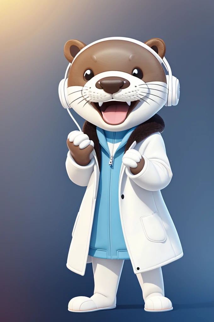 Cartoon cute otter with white coat and headphones animated