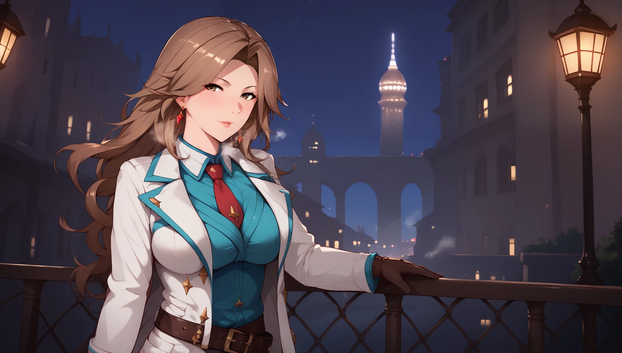 score_9, score_8_up, score_7_up, score_6_up, uncensored, katalina \(granblue fantasy\), brown hair, forehead, parted bangs, long hair, wavy hair, brown eyes, adult, mature, naughty face, shiny skin, sweating, steaming body, heavy breathing, BREAK (masterpiece:1.2), best quality, high resolution, unity 8k wallpaper, (illustration:0.8), (detailed eyes:1.3), extremely detailed face, perfect lighting, extremely detailed CG, (perfect hands, perfect anatomy), lips, lamppost, night, gloves, belt, building, solo, outdoors, red_gloves, blurry_background, necktie, breasts, night_sky, cityscape, open_clothes, jacket, blurry, sky, city, coat, smoke, large_breasts, red_neckwear, looking_at_viewer, long_sleeves,