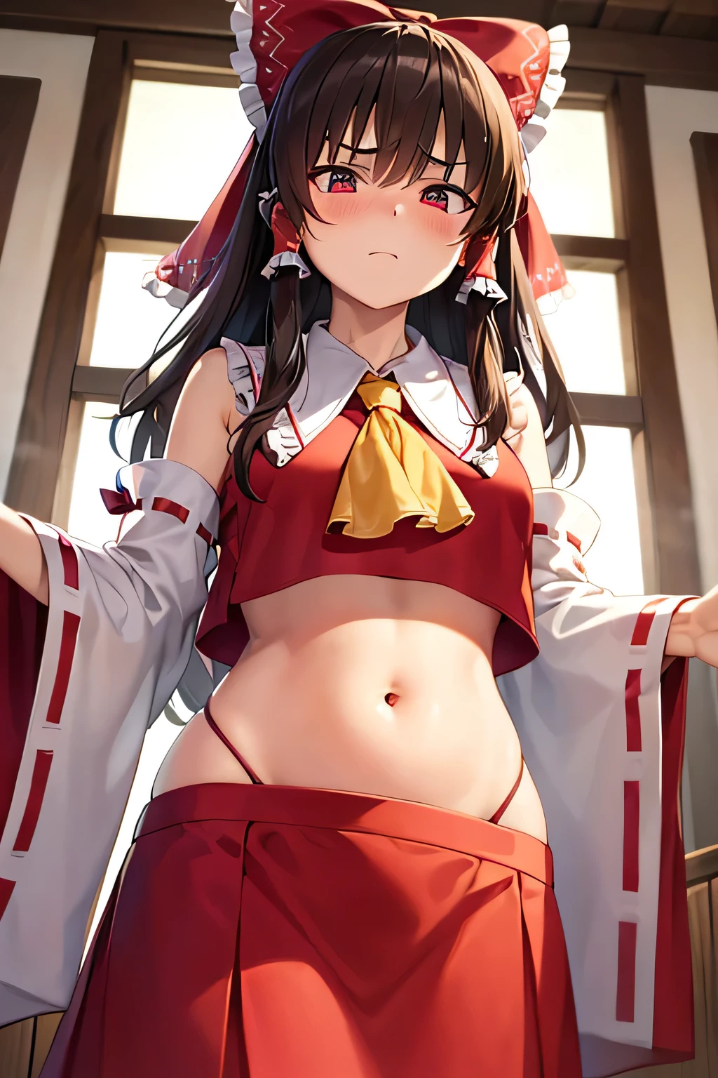 super fine illustration, vibrant colors, masterpiece, sharp focus, best quality, depth of field, cinematic lighting, ultra detailed, blush, annoyed, belly button, navel, hips, 1girl, looking down, shrine maiden, hakurei reimu, 1girl, hair bow, ascot, hair tubes, detached sleeves, looking down, red shirt, red skirt, long skirt, long hair, dark brown hair, indoors, mature woman, big bellybutton, loose fit