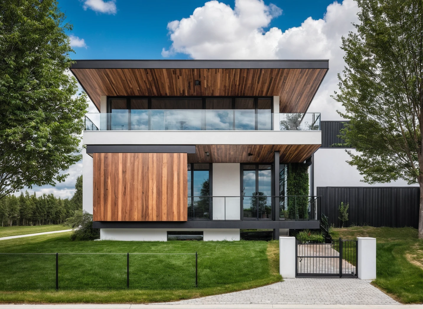 Raw photo, Masterpiece, high quality, best quality, authentic, super detail,
outdoors, house style modern, white wall, revolving wooden door, glass windows, canopy, car, black metal fence, glass railing,
road, grass, trees, sky, cloud, daylight:1.1), vivid colors, (realistic:1.2),