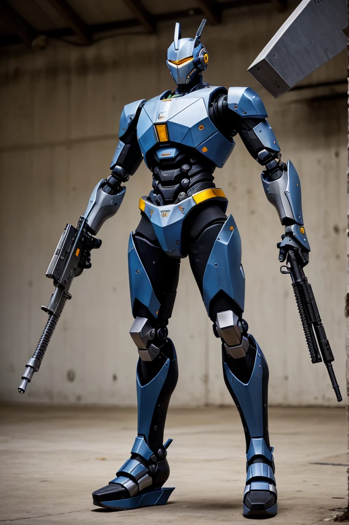 Generate a robo wedges 5.4 feet tall and having lot of weapons on his arm make it more dangerous make it more dangerous make a machine gun oh his sholder make fully less with weponsincrrase it hight to 7 feet make it thinner