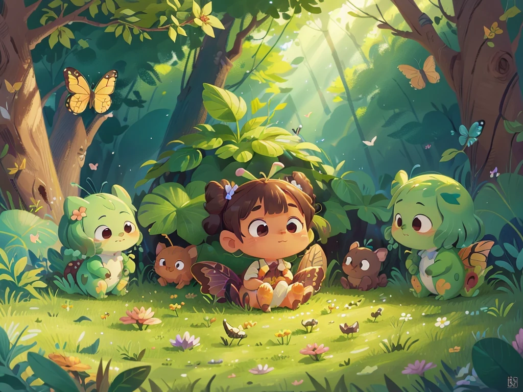 A group of cute cartoon butterflies，Surrounded by beautiful little flowers and nature,This illustration is a 4K high-definition illustration，The facial features are rich in detail，Cartoon Style，Cartoon Animals 1.5，Butterflies flying in the forest，No characters
