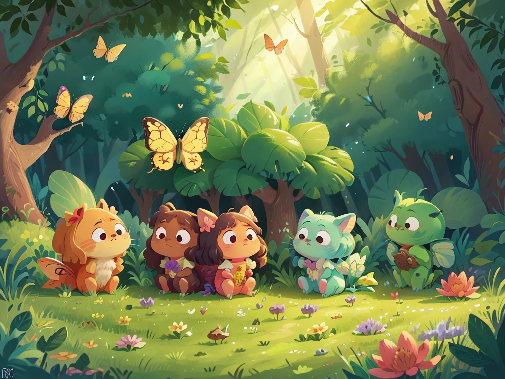 A group of cute cartoon butterflies,Surrounded by beautiful little flowers and nature,This illustration is a 4K high-definition illustration,The facial features are rich in detail,Cartoon Style,Cartoon Animals 1.5,Butterflies flying in the forest,No characters