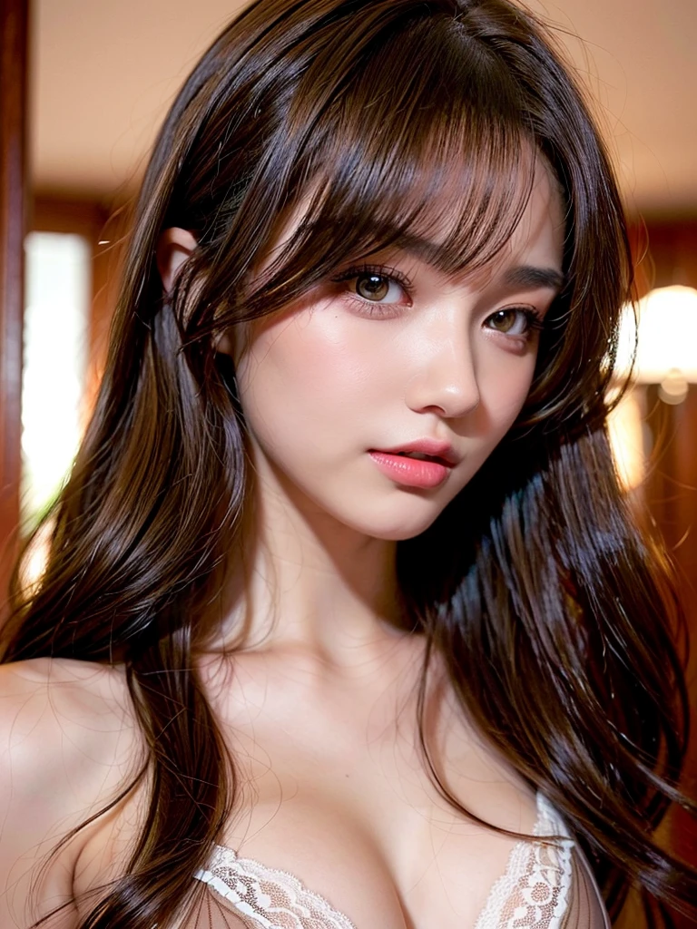 (Tabletop:1.4, Photorealistic:1.4, 8K), Highest quality, masterpiece, Ultra-high resolution, Perfect dynamic composition, Big Face、Round face、((Light brown hair, Long Hair, Layered Hair))、Highly detailed skin and facial textures:1.3, Limb details, 1 Girl, Cute sexy 22 year old woman, (Sunburn:1.0), ((Totally captivates you:0.9)), ((Lace bra 1.5)),Medium Chest, (Distant eyes, Beautiful Eyes, Brown eyes、Beautiful erotic eyes:0.85), Sexy Face:0.4, (Mouth closed、Small Mouth、Thick lips、A taste of beautiful eroticism:0.85), ((Too cute beauty:0.9))、Gal Makeup、((Bust up photo 1.4))