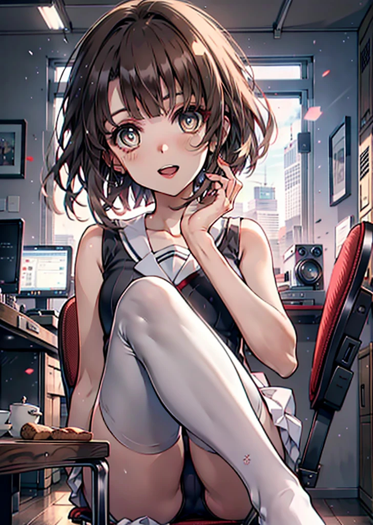 Katoumegumi, Megumi Katou, Brown Hair, short hair, (Brown eyes:1.5),happy smile, smile, Open your mouth, Red Tank Top Shirt,White long skirt,Black pantyhose,Stiletto heels,Open your mouth,sitting cross-legged on a chair,There is a computer and food on the table,interior,whole bodyがイラストに入るように,
break looking at viewer,whole body,
break indoors, office,
break (masterpiece:1.2), Highest quality, High resolution, unity 8k wallpaper, (shape:0.8), (Beautiful and beautiful eyes:1.6), Highly detailed face, Perfect lighting, Extremely detailed CG, (Perfect hands, Perfect Anatomy),