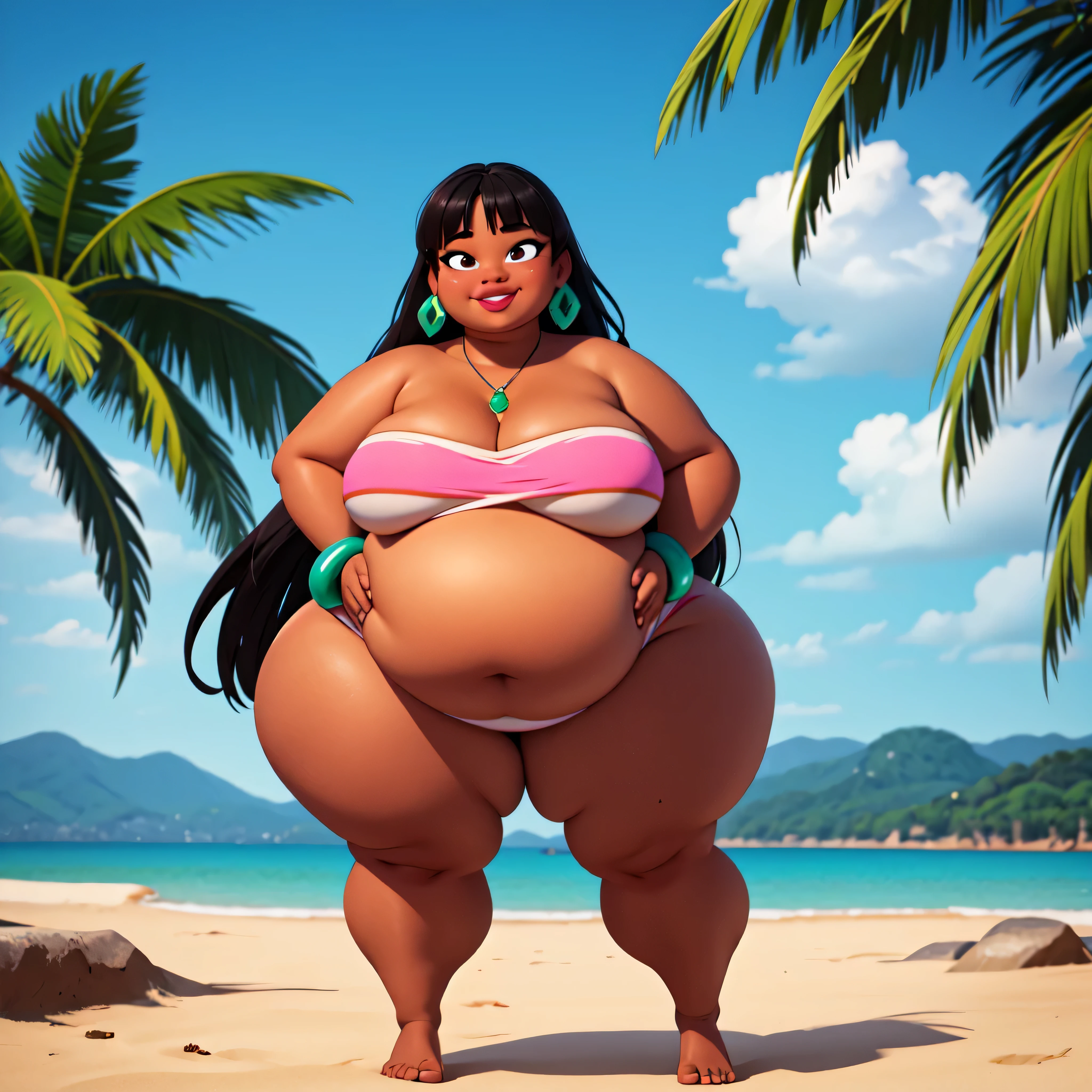 (work of art:1.2, best qualityer:1.2), SSBBW, Giant breasts, thunder thighs, soft ambient lighting, perfect lighting, 1 girl, standing alone, Chel, Bblack hair, long hair, rhombus stripe, eyes browns, darkskin, lipstick, breasts big, Broad Hips, top of the tube, neckleace, bared shoulders, emerald earrings, emerald bracelets, looking at the camera with a smug expression on his face, beach background, very large body, fat belly rolls, big breasts, sexy smile, fat arms, thunder thighs, super fat, looking at viewer, wet clothes, sweating very hard, sexy looking, blob